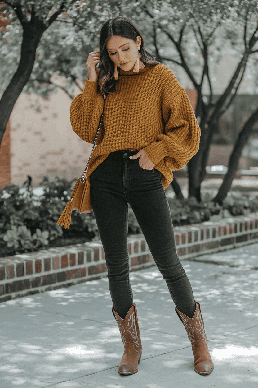 Young woman in stylish mustard sweater and cowboy boots, enjoying autumn outdoors.