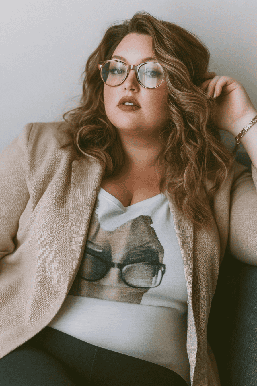 Confident woman in beige blazer and glasses sitting on couch with graphic print t-shirt.