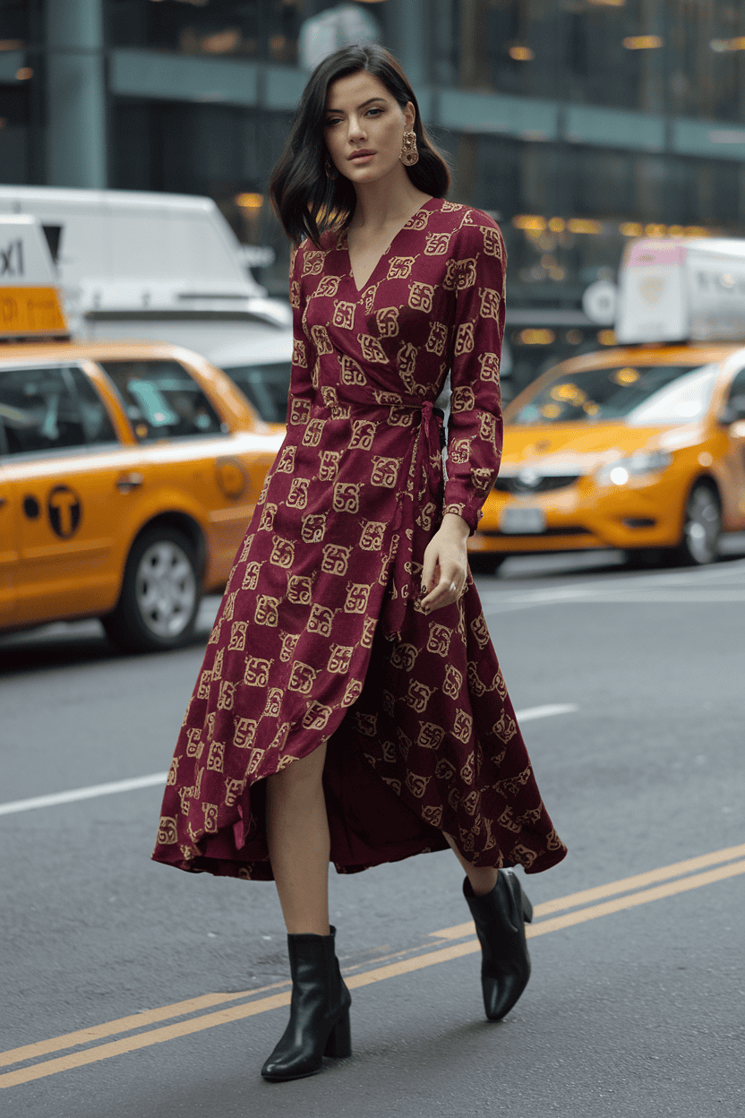 Stylish woman in burgundy wrap dress walks confidently through a bustling city street.