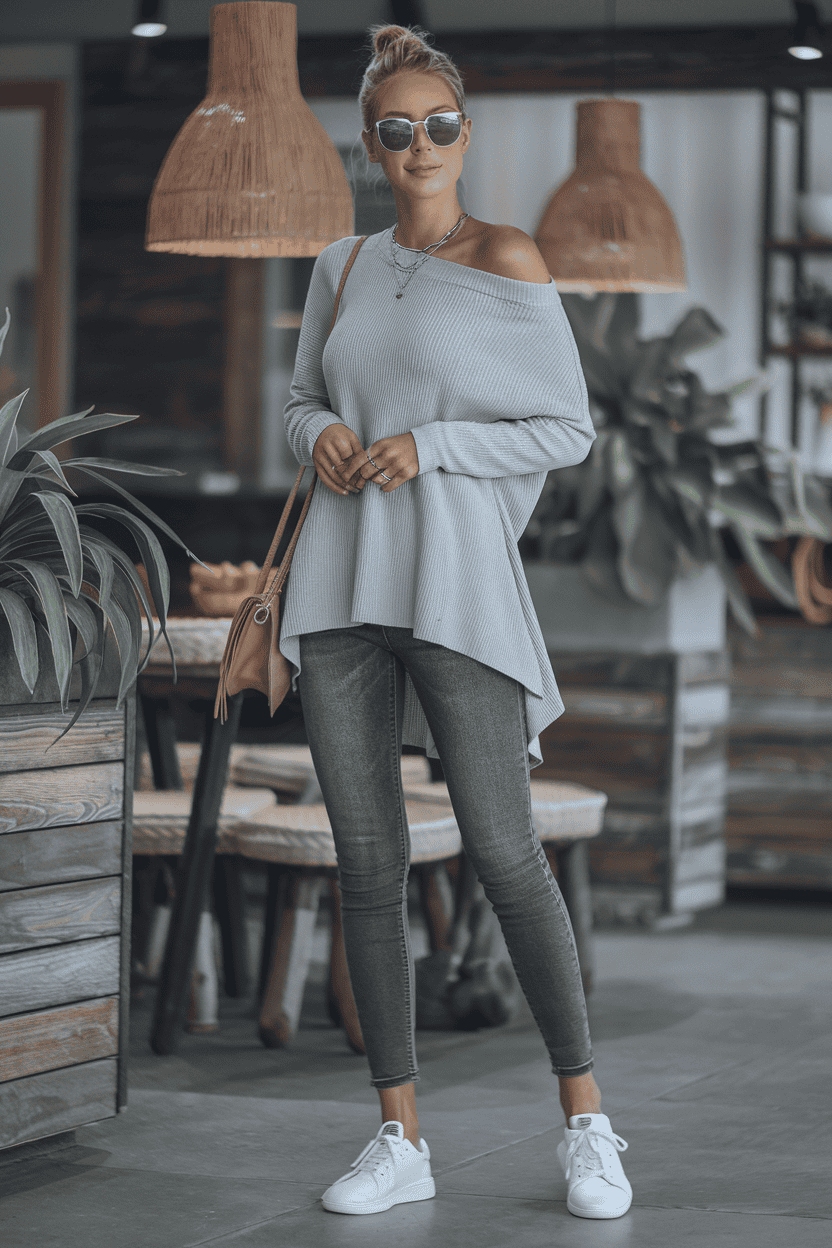 Chic woman in cozy café wearing off-shoulder sweater and skinny jeans with stylish accessories.