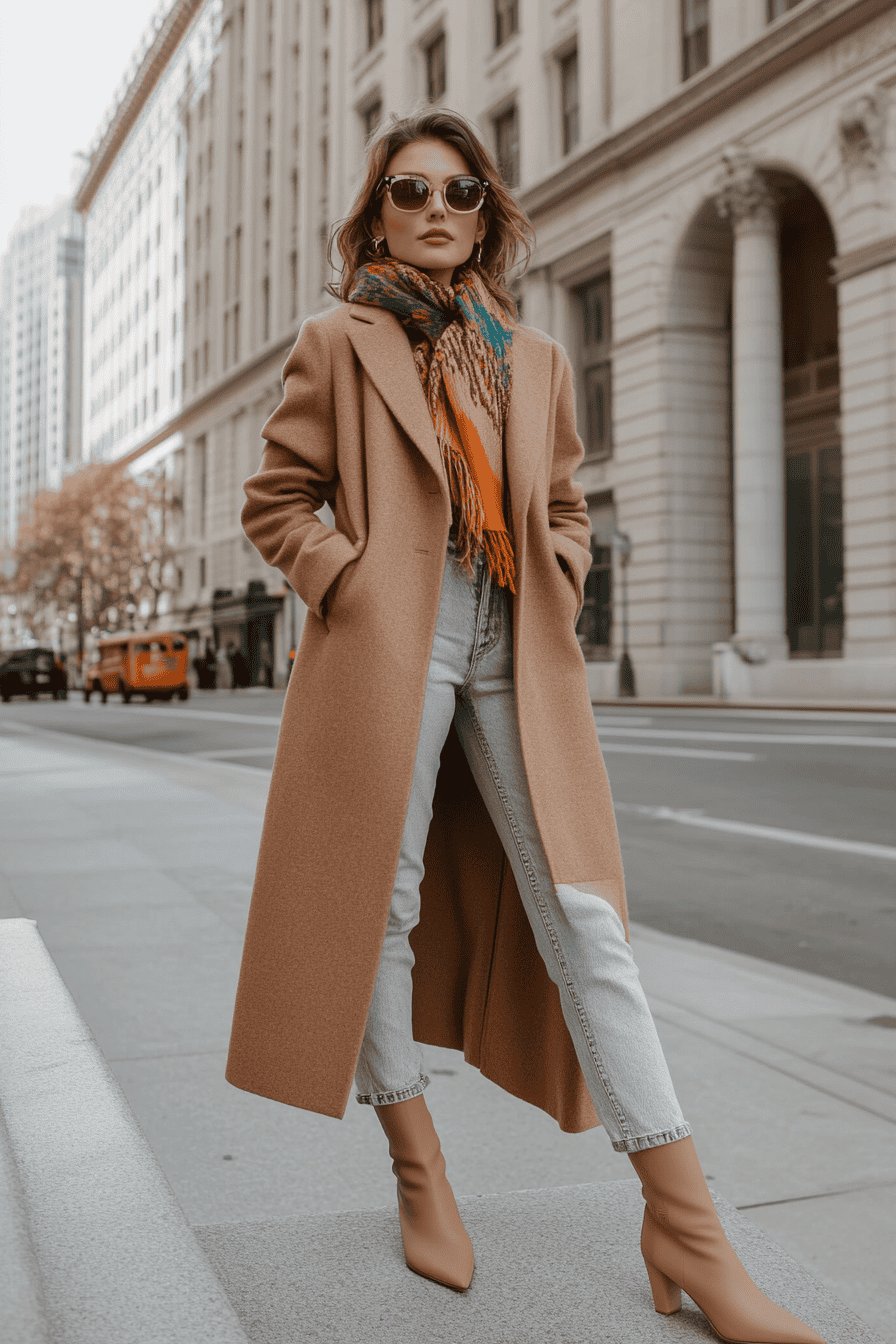 Fashionable woman in camel coat and scarf walking in the city during autumn.