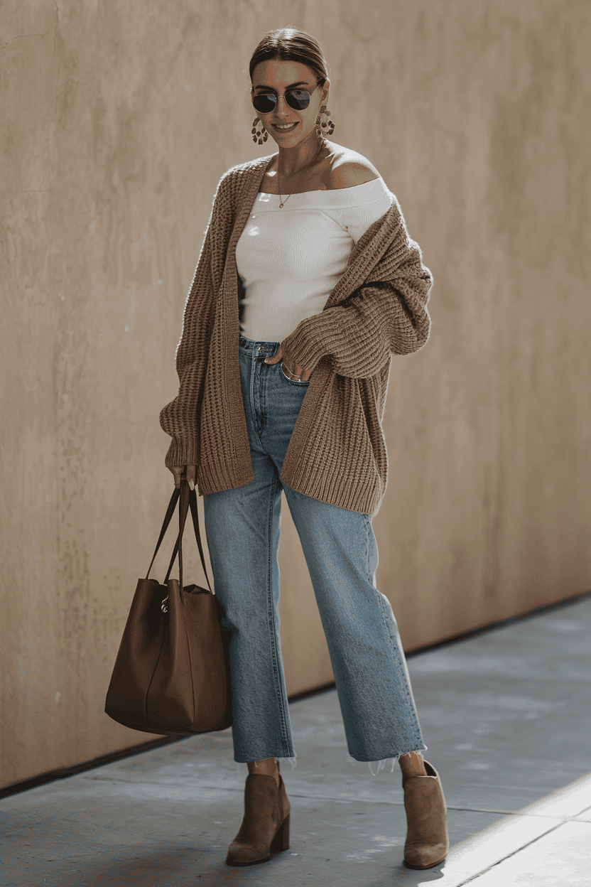 Stylish woman in off-the-shoulder top and cardigan against minimalist backdrop with chic accessories.