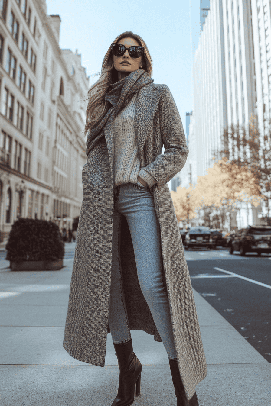 Chic woman in gray coat and sunglasses posing stylishly on busy city street with modern buildings.