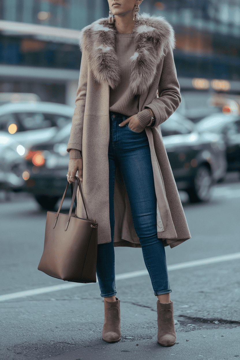 Fashionable woman in a beige coat and jeans on a busy city street.