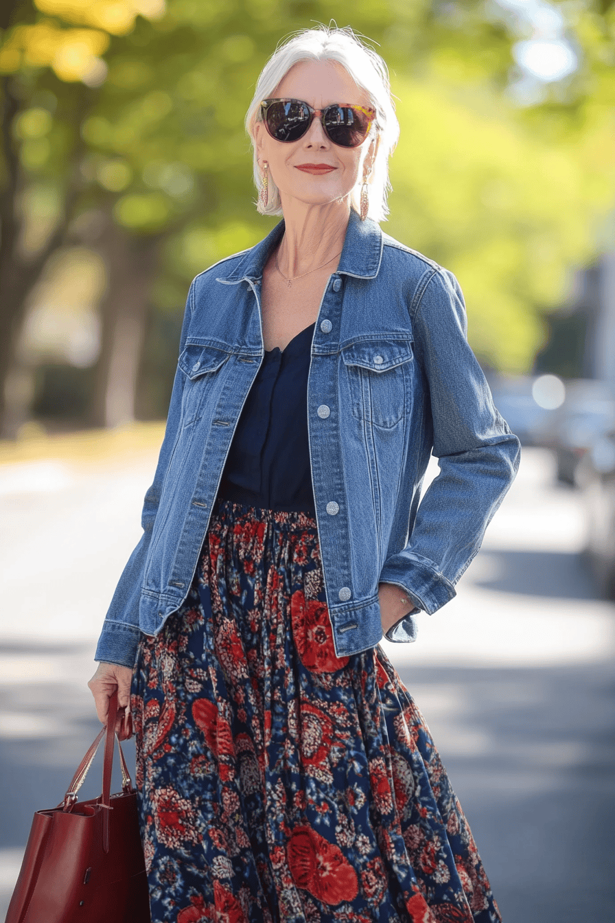 Chic mature woman in denim jacket and floral skirt outdoors on a sunny autumn day.