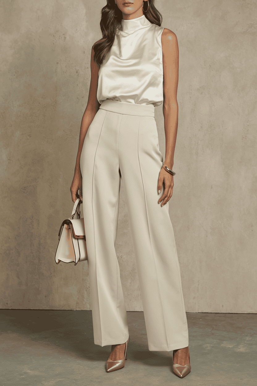 Stylish woman in high-neck top and wide-legged trousers exudes modern elegance in neutral tones.