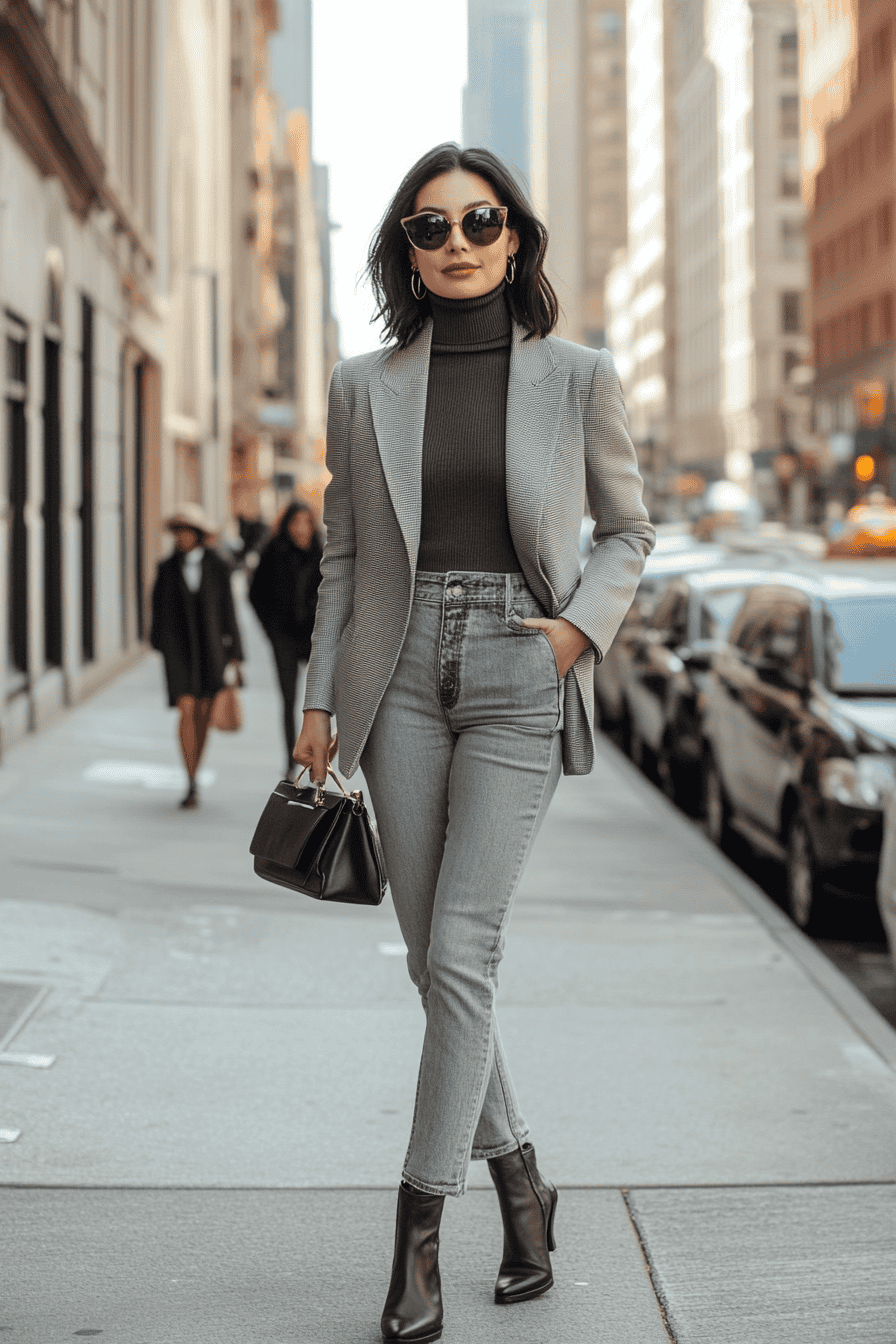 Chic woman in grey blazer and jeans walking confidently on a busy city street.