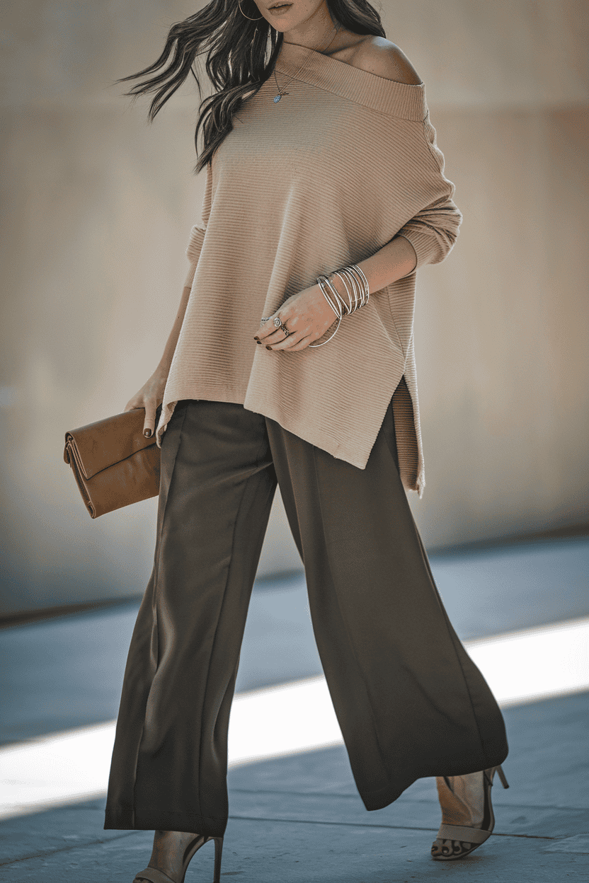 Chic woman in beige sweater and olive green pants showcases modern street style.