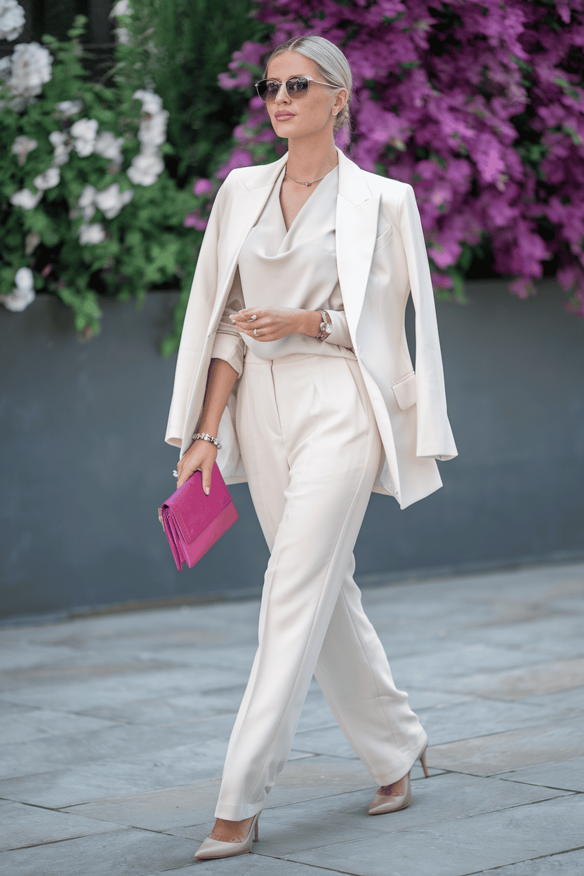 Chic woman in elegant cream suit with pink clutch, walking amidst vibrant flowers.