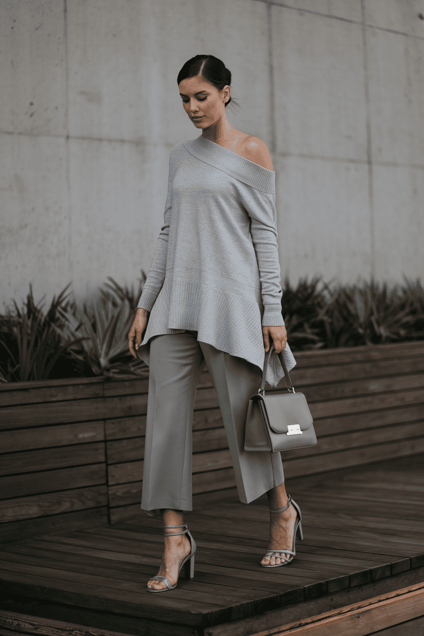 Stylish woman in gray sweater and trousers walking confidently through an urban setting.
