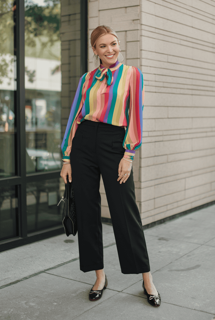 Stylish woman in colorful blouse and tailored trousers poses outside modern building.