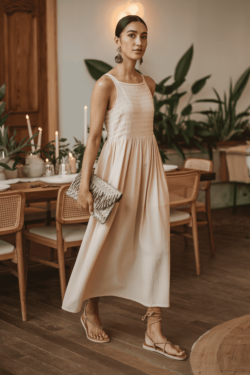 Elegant woman in blush dress, stylish clutch, and warm indoor setting with candles and plants.