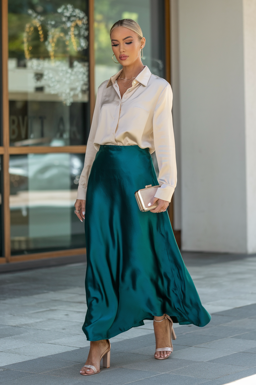 Chic young woman in elegant silk blouse and satin skirt, exuding modern fashion sophistication.