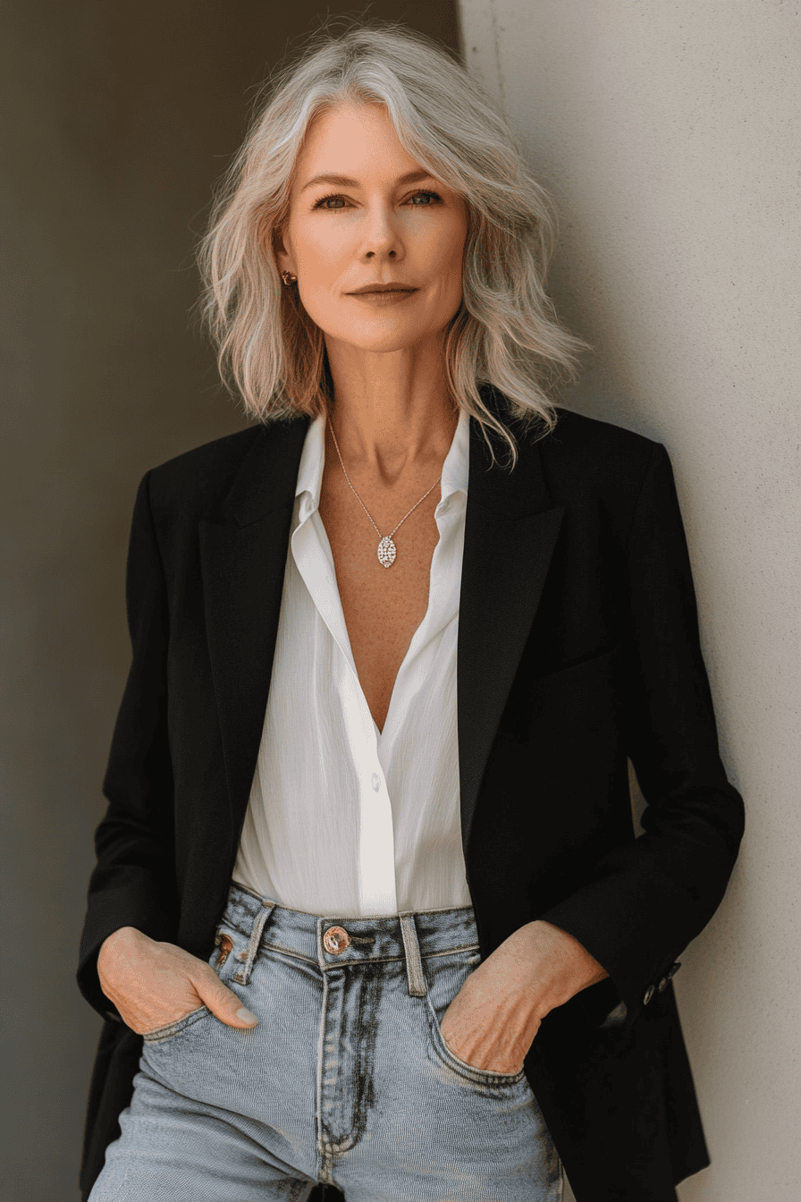Elegant woman with gray hair in a black blazer, white shirt, and jeans, modern fashion style.