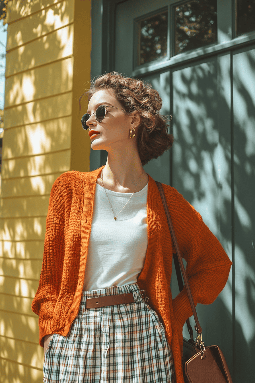 Fashionable woman in orange cardigan and plaid skirt poses by colorful door and yellow wall.