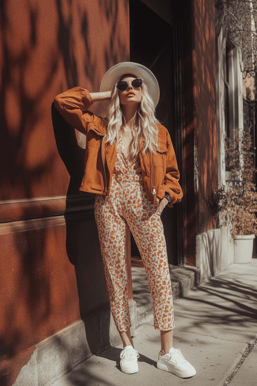 Trendy woman in floral orange jumpsuit and bomber jacket posing in sunny urban setting.