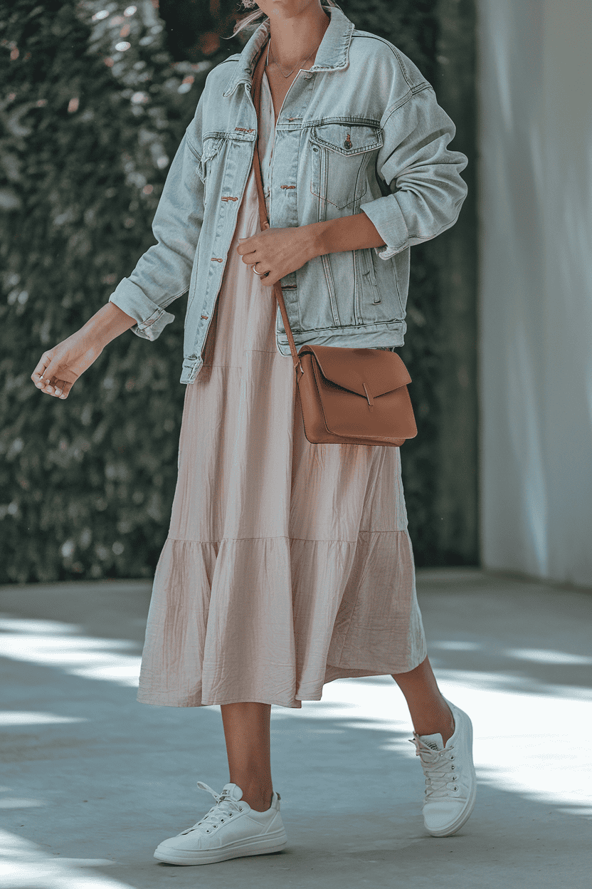 Stylish woman in denim jacket and pink dress walking outdoors with relaxed fashion vibe.