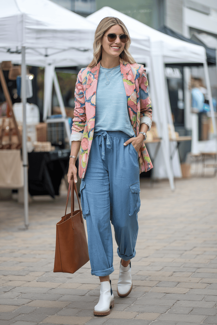 Stylish woman in floral blazer enjoying an outdoor market with tote bag and ankle boots.