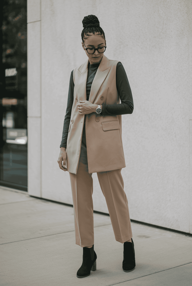 Stylish woman in beige blazer and ankle boots exudes confidence in a modern urban setting.