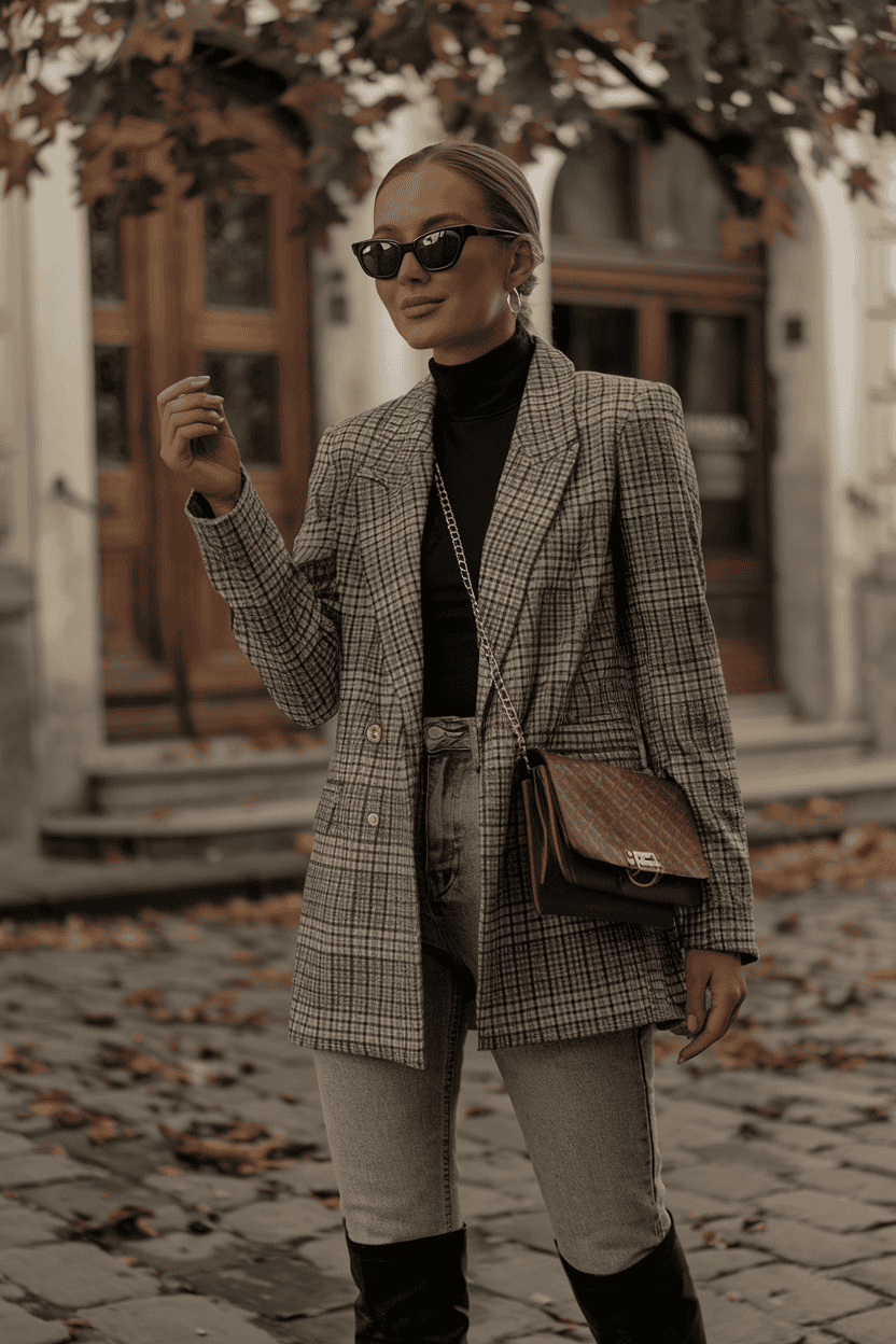 Stylish woman in plaid blazer and jeans exudes confidence on a charming autumn street.