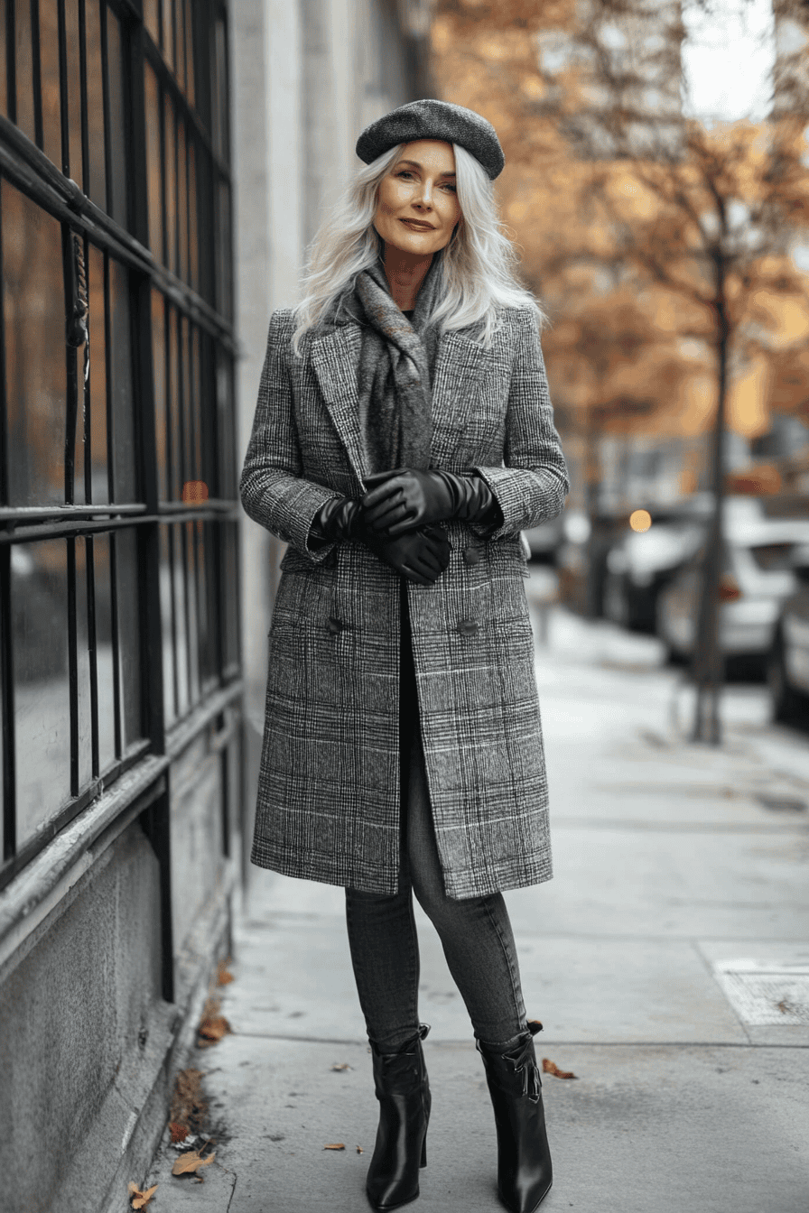 Elegant woman in plaid coat and beret posing on city sidewalk during autumn.