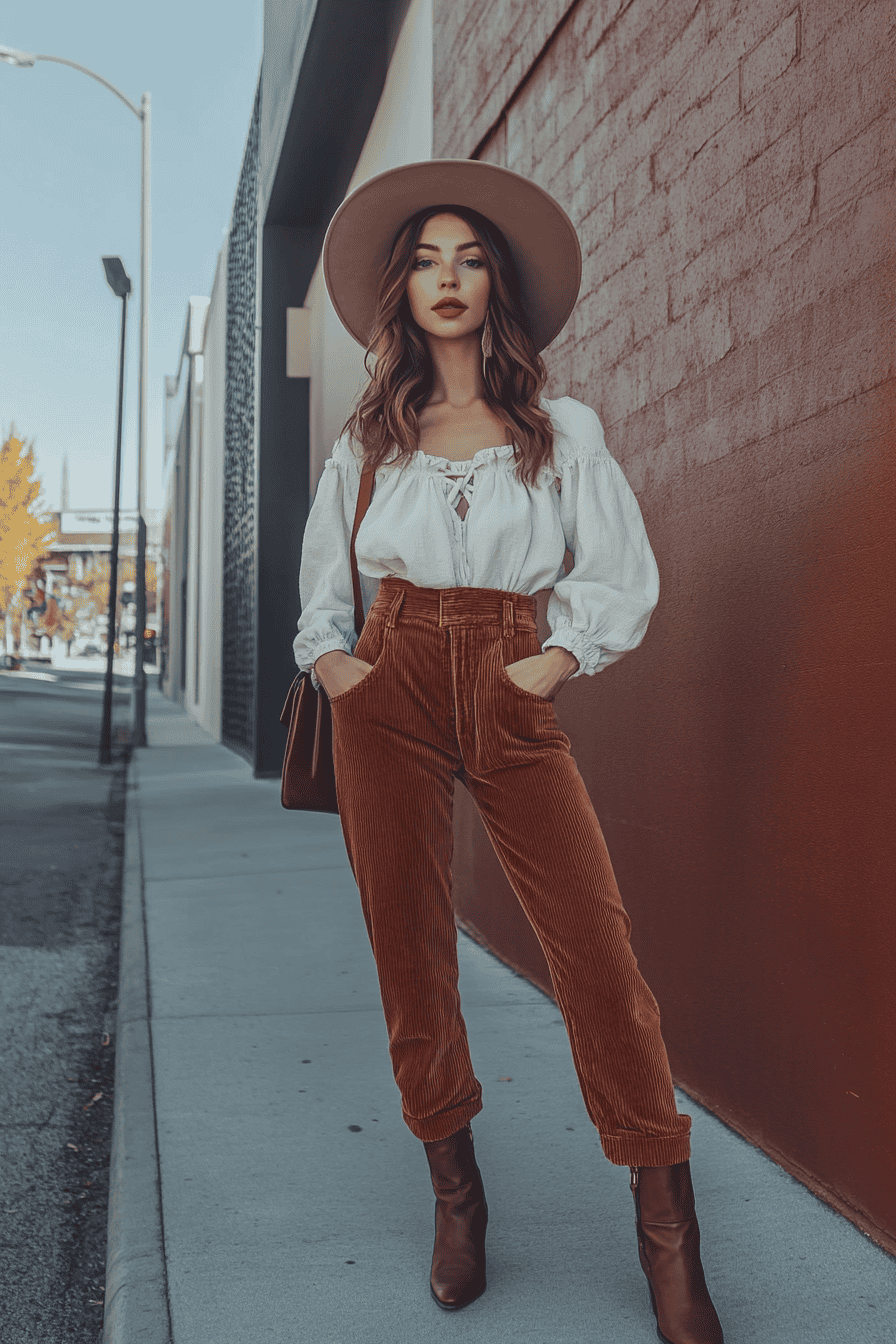 Fashionable woman in orange corduroy pants and white blouse posing by a red wall in autumn.