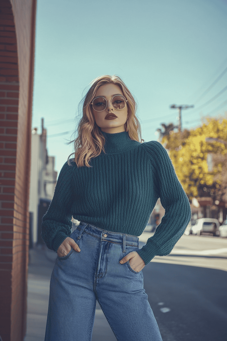 Trendy woman in green ribbed sweater and jeans poses on sunny city street in autumn.
