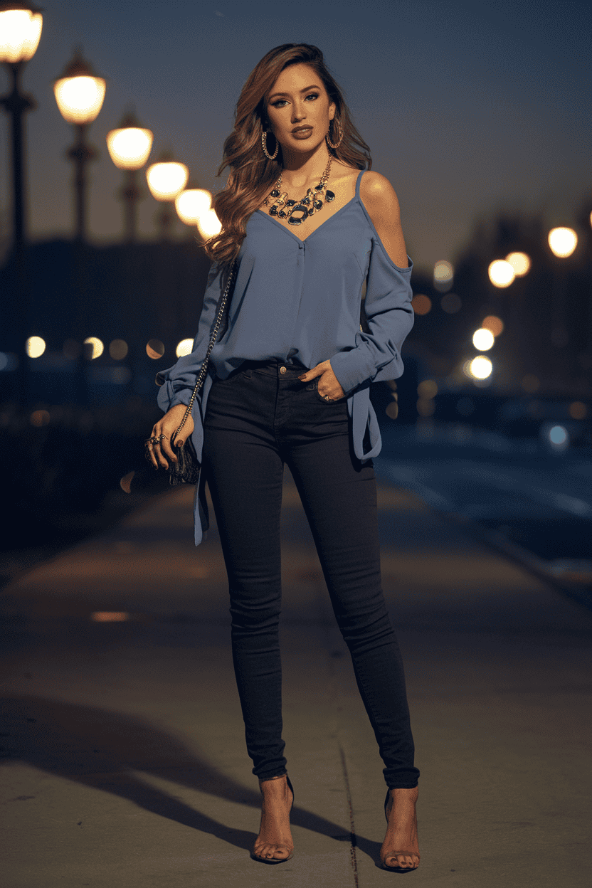 Fashionable woman in chic outfit poses confidently on a stylish urban street at twilight.