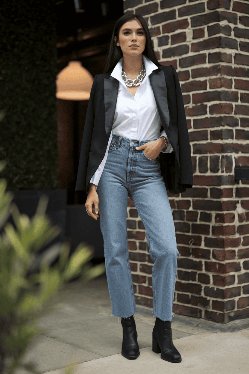 Stylish woman in chic outfit poses confidently against an urban brick wall backdrop.