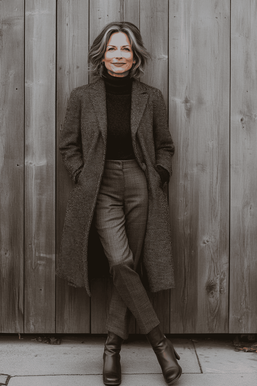 Elegant woman in herringbone coat poses confidently against rustic wooden wall in chic autumn outfit.