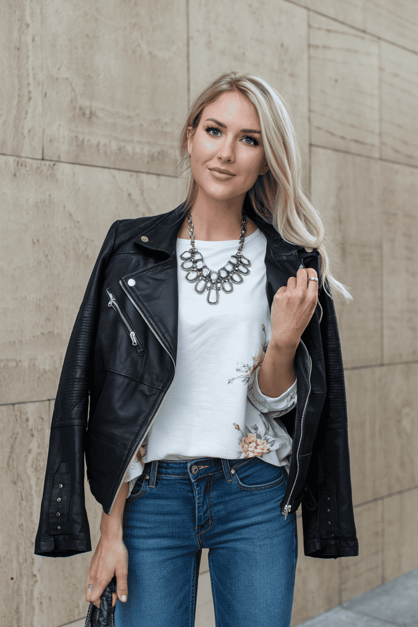 Stylish young woman in leather jacket and floral top poses against textured beige wall.