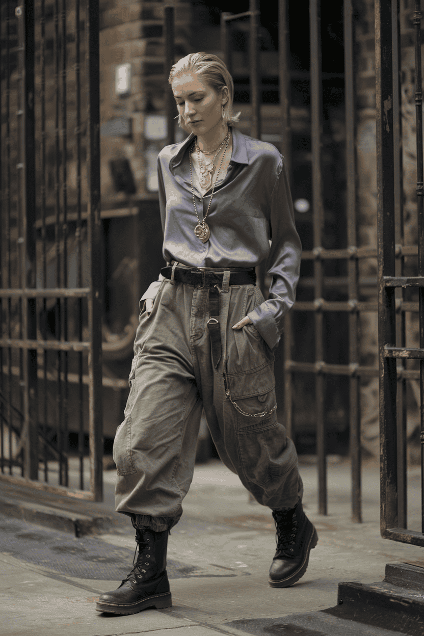 Stylish young woman in lavender silk shirt and cargo pants walking through an urban street.