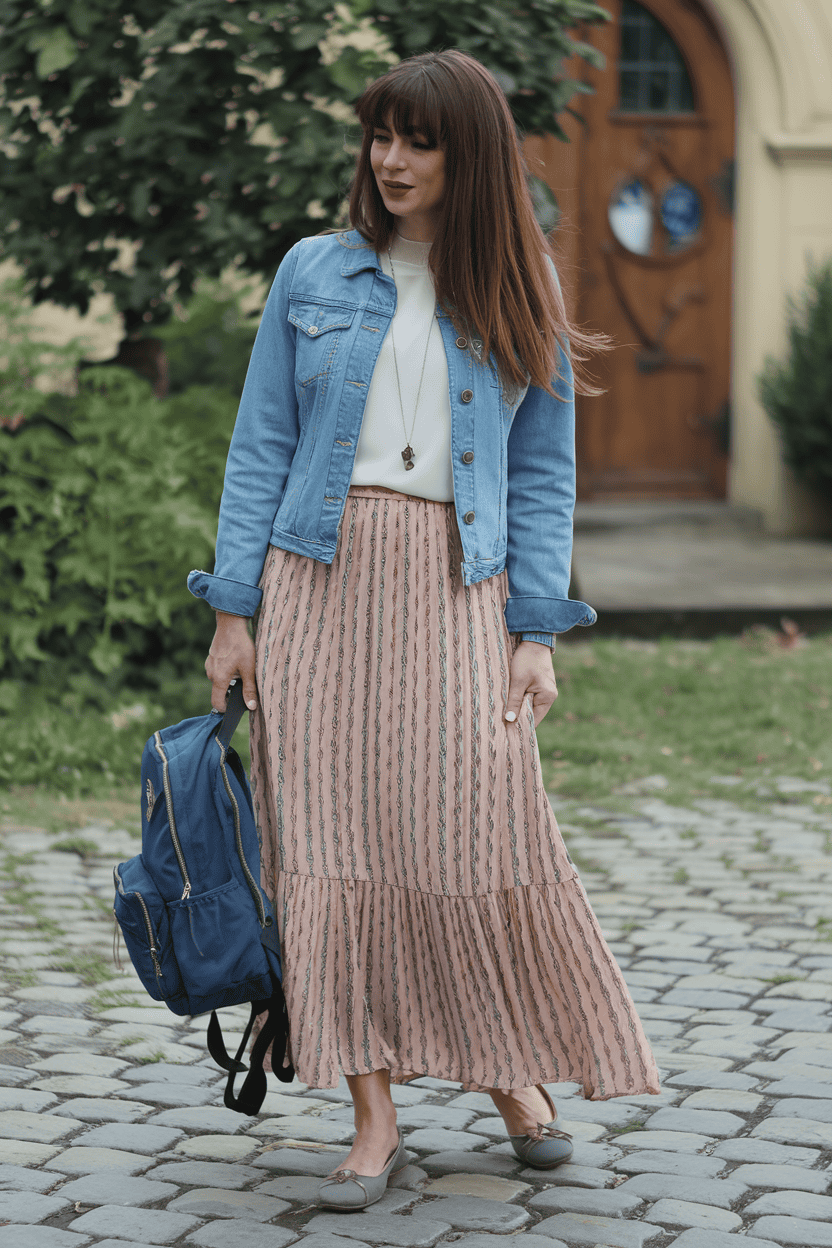 Stylish young woman in denim jacket and blush skirt against a charming urban backdrop.