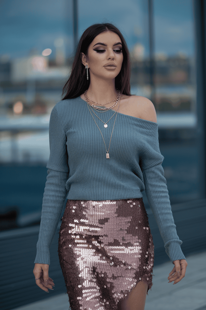 Stylish young woman in chic outfit walking in a dynamic urban setting.