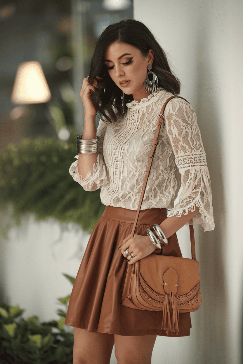 Fashionable young woman in lace blouse and leather skirt, set against lush greenery backdrop.
