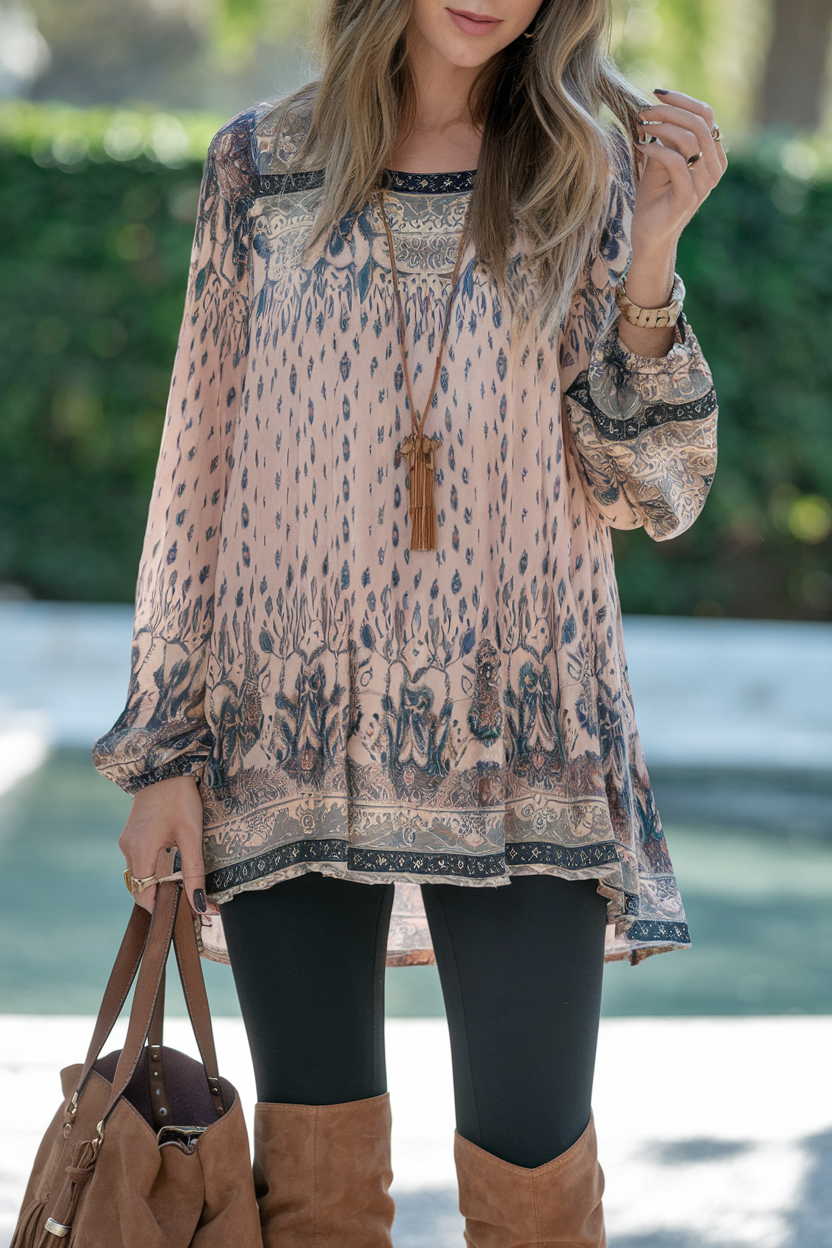 Fashionable young woman in bohemian outfit with leggings, boots, and accessories against serene greenery.