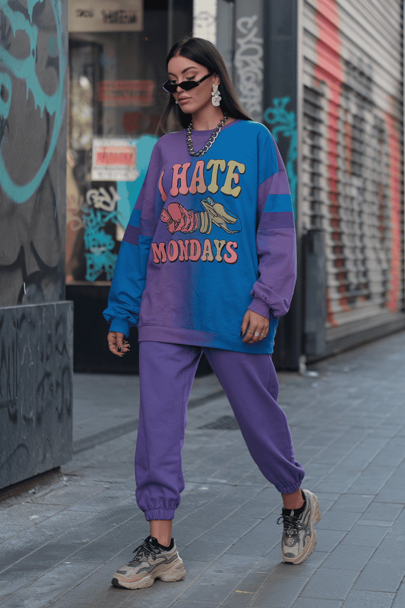 Young woman in urban fashion poses against vibrant graffiti backdrop with stylish outfit and accessories.