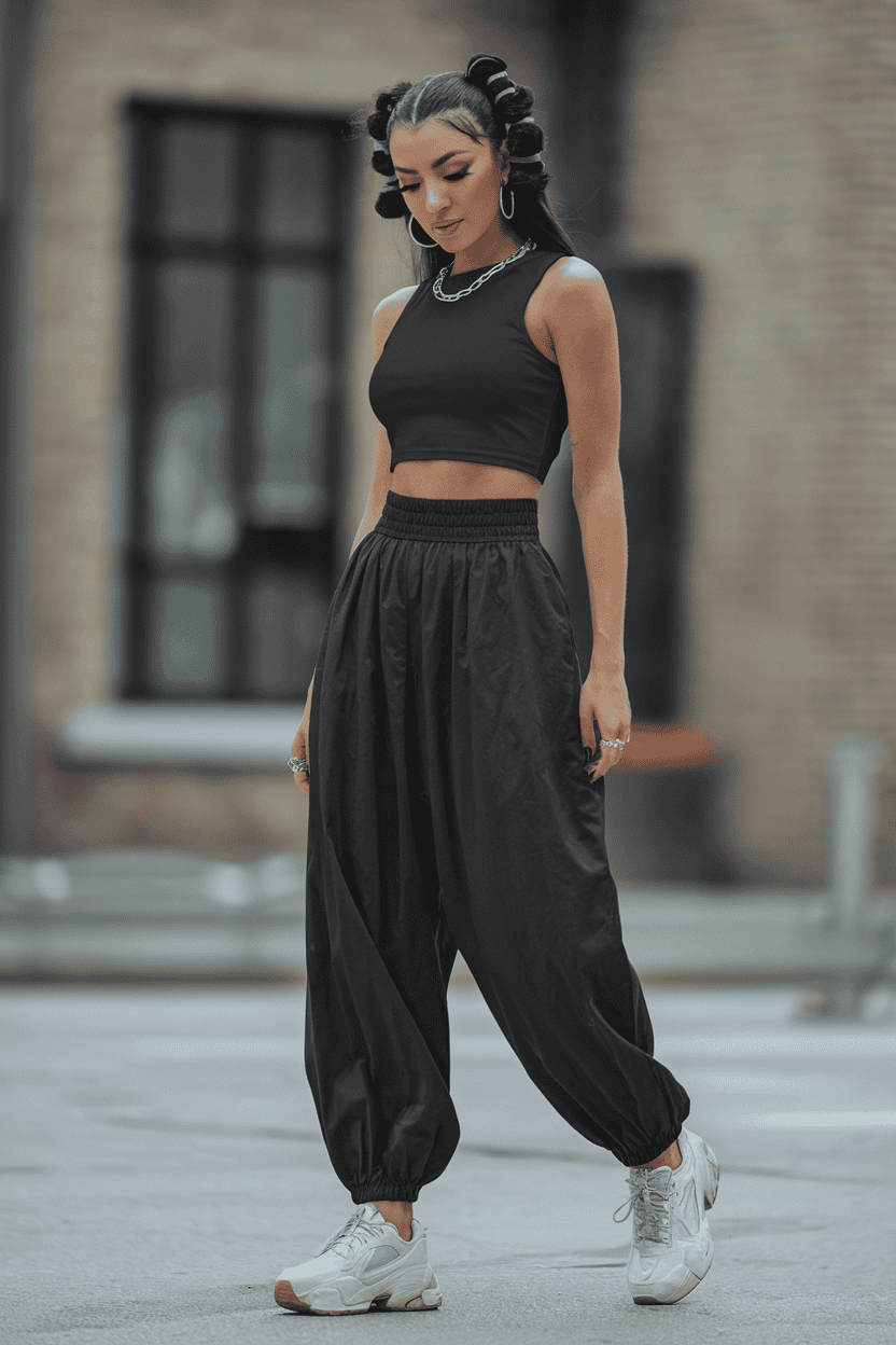 Fashionable young woman in urban streetwear with crop top and sneakers.