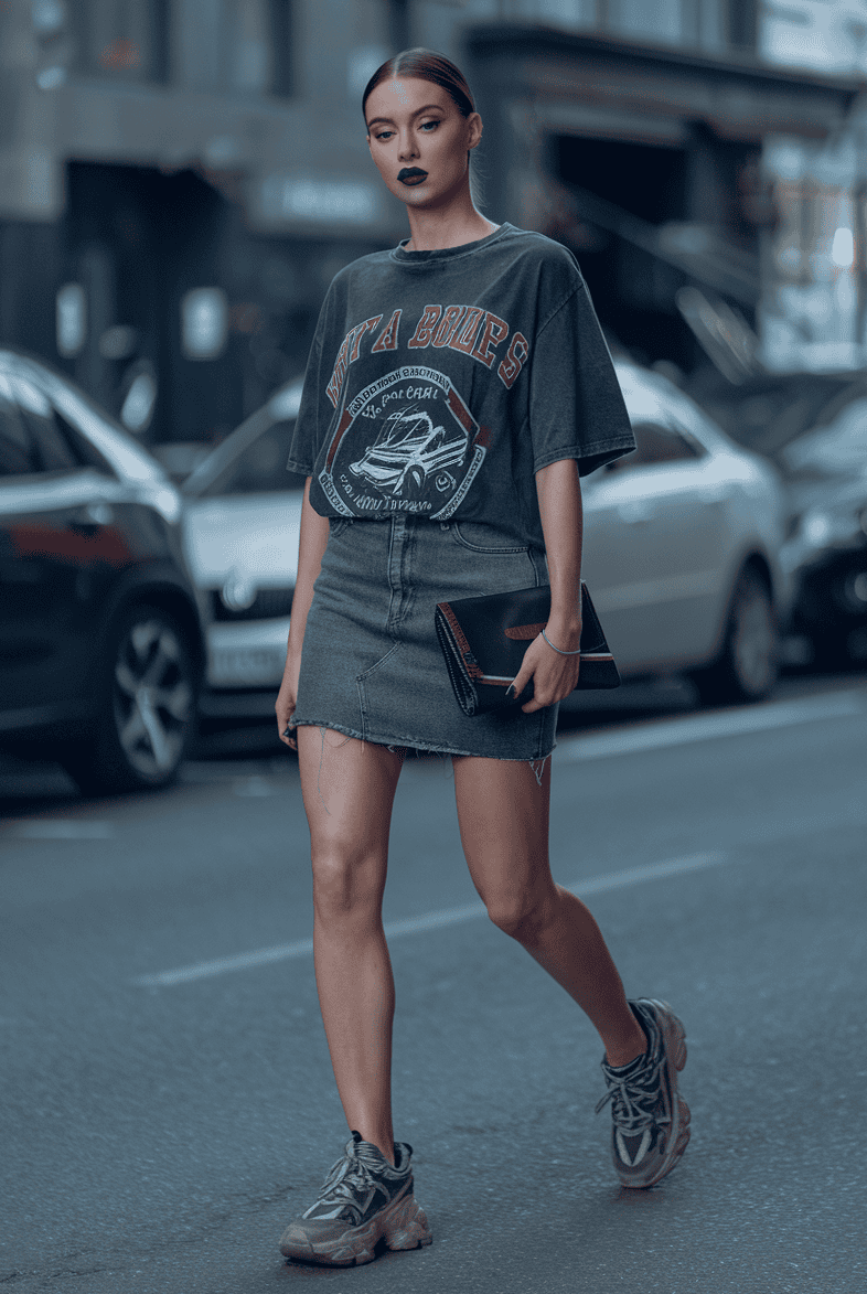 Confident young woman in urban streetwear, showcasing graphic t-shirt and chunky sneakers.