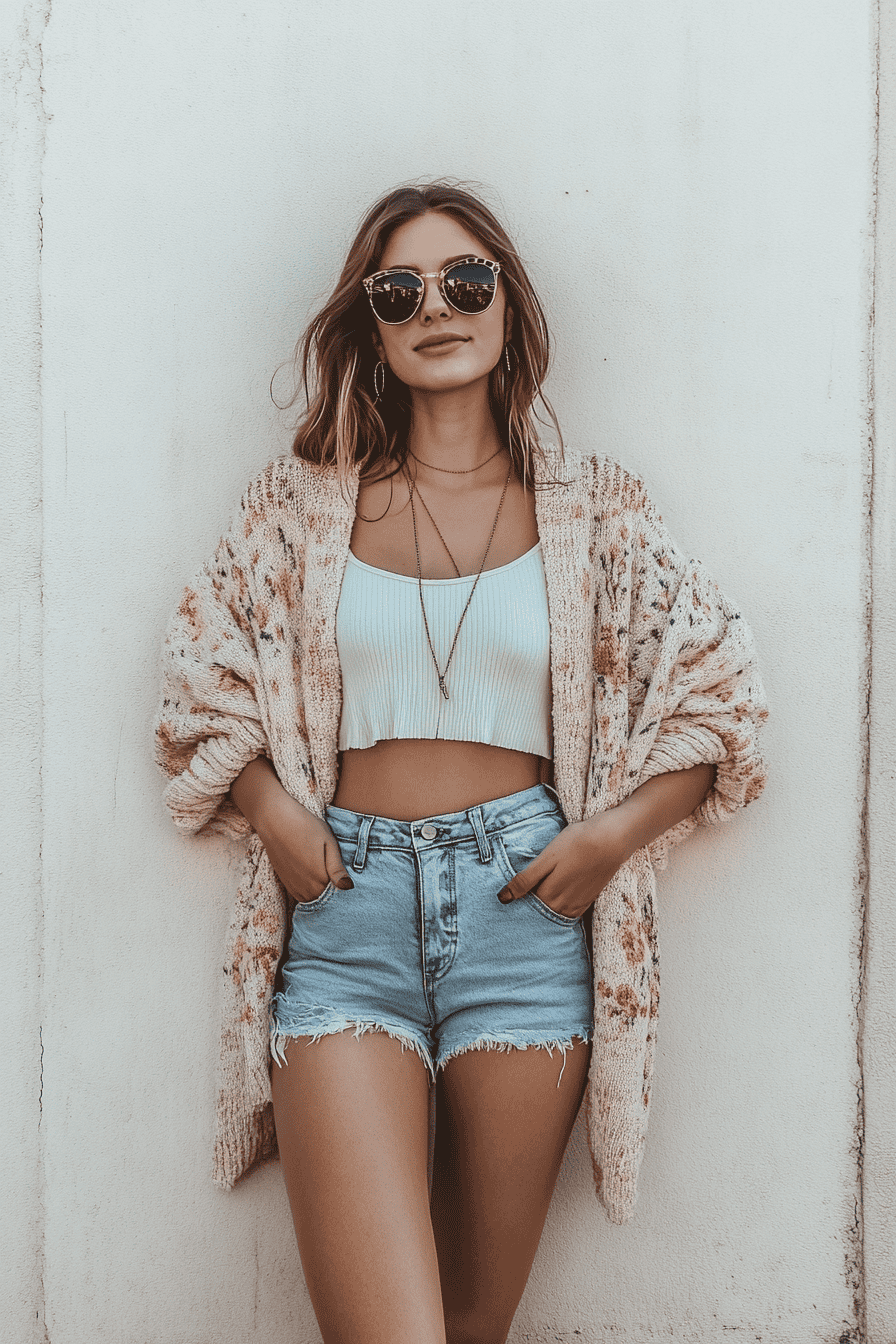 Trendy woman in pastel floral cardigan, crop top, denim shorts, and sunglasses posing outdoors.