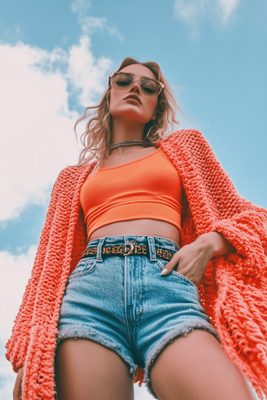 Trendy summer outfit with orange crop top, denim shorts, and oversized cardigan under blue sky.