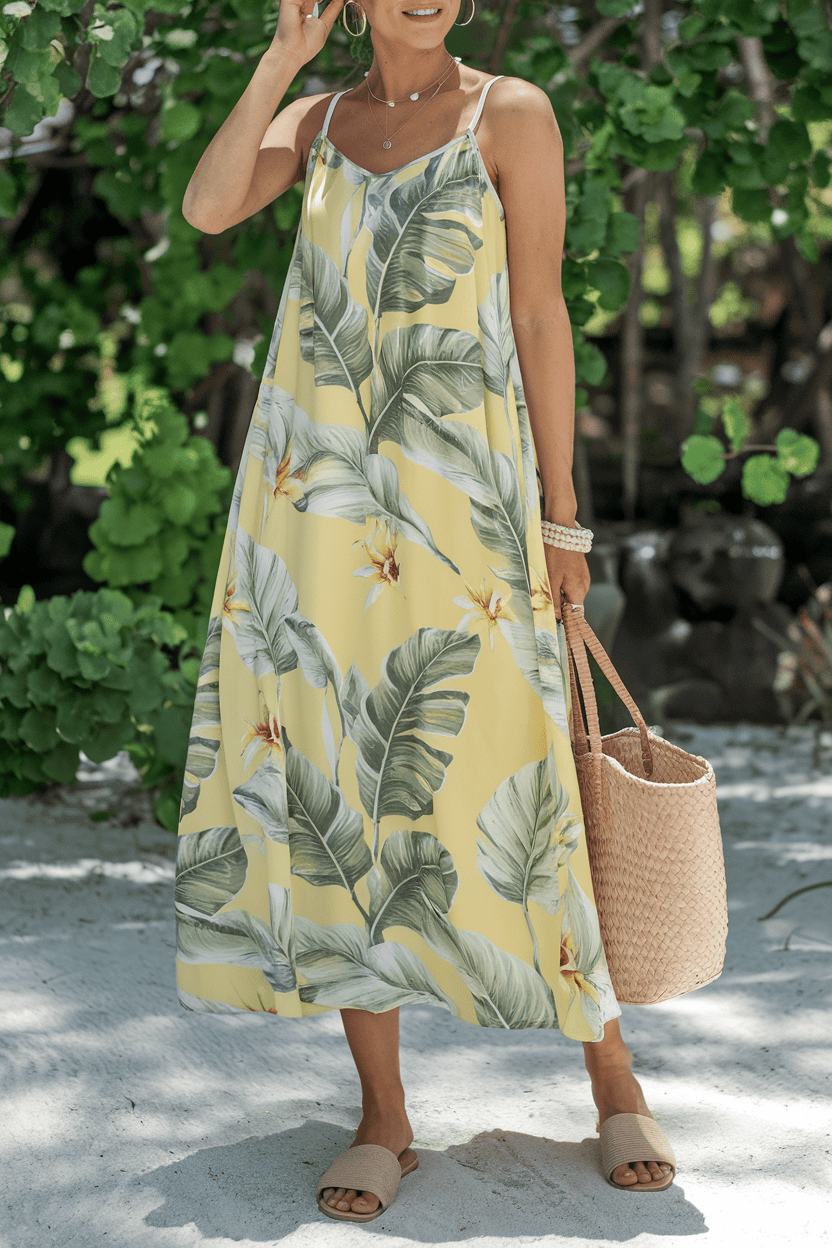 Woman in a tropical maxi dress surrounded by lush greenery and vibrant palm leaves.