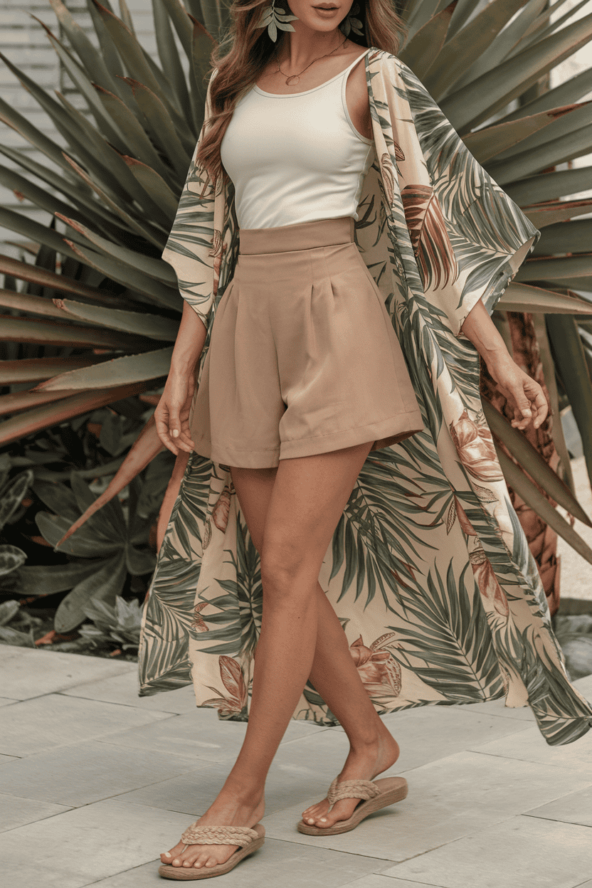 Elegant woman in tropical summer outfit with kimono, shorts, and nature-inspired accessories.