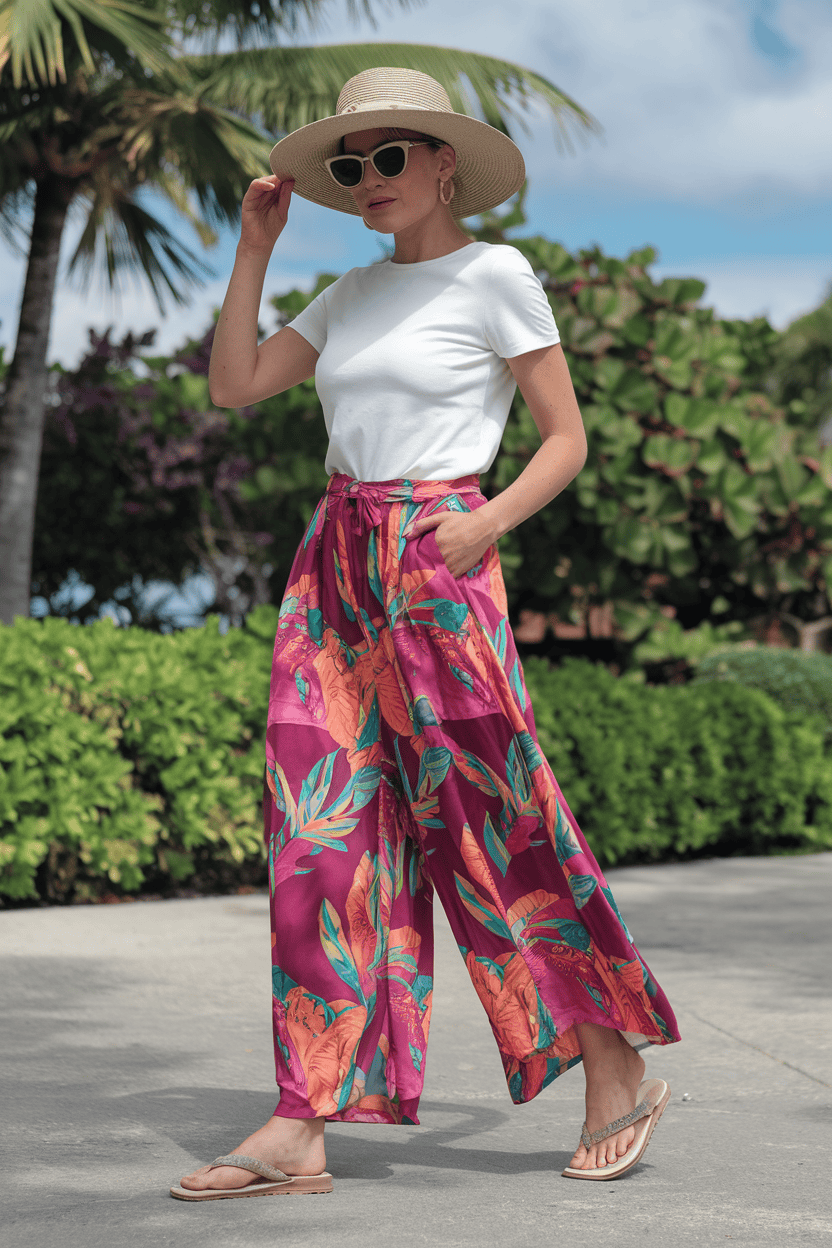 Stylish woman in tropical setting, wearing chic palazzo pants and wide-brimmed hat.