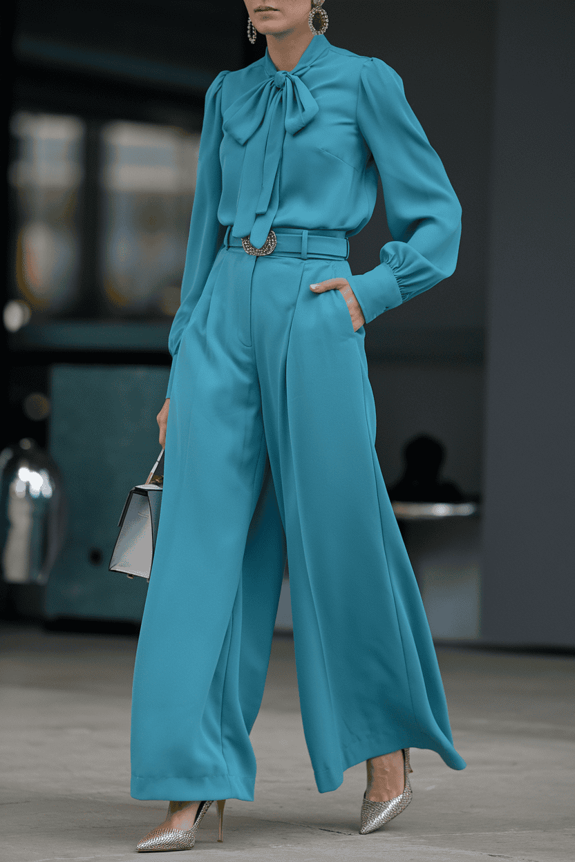 Elegant turquoise wide-leg outfit with bow tie blouse, statement earrings, and chic heels.