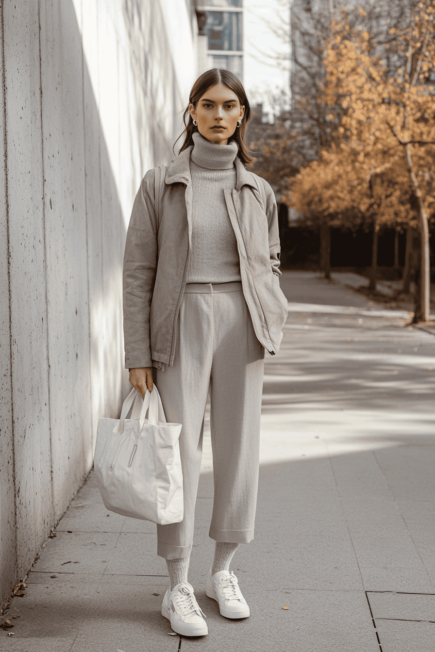 Stylish woman in autumn outfit with gray layers, white sneakers, tote bag, urban setting.