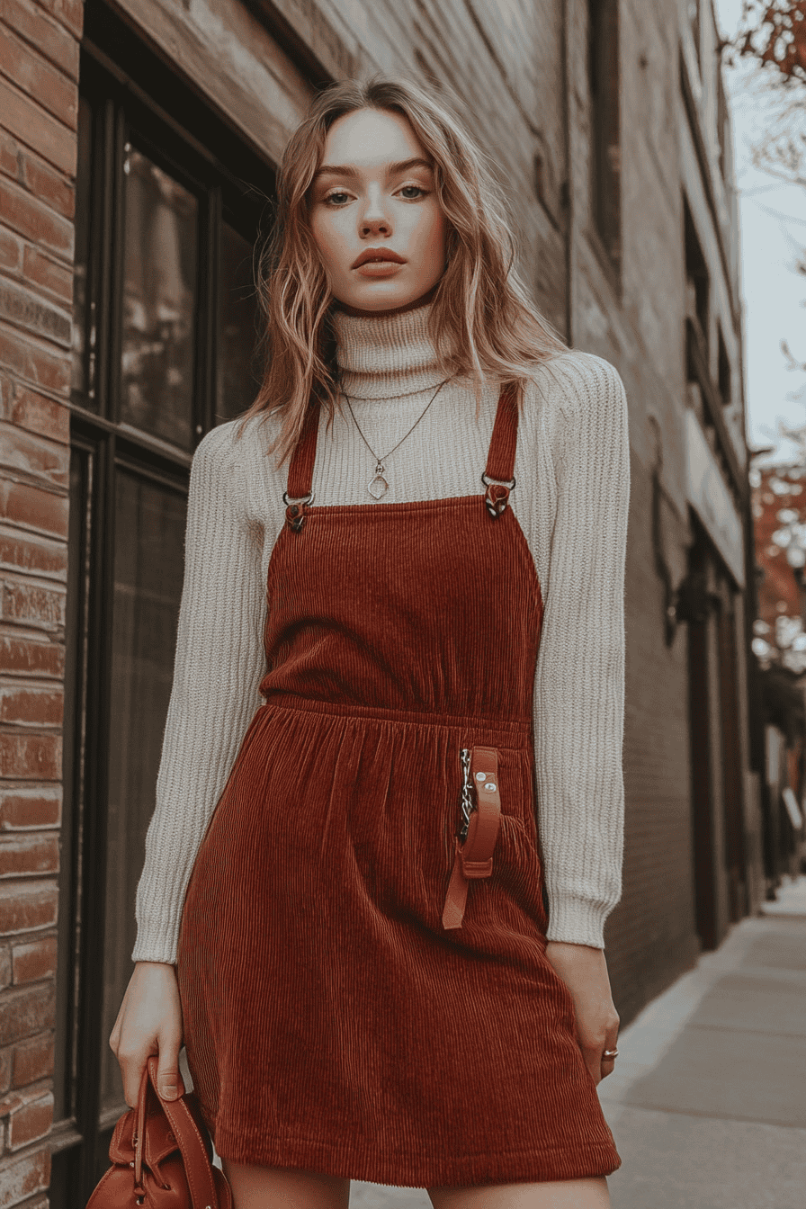 Young woman in autumn fashion, orange corduroy dress and cream sweater, urban street style.
