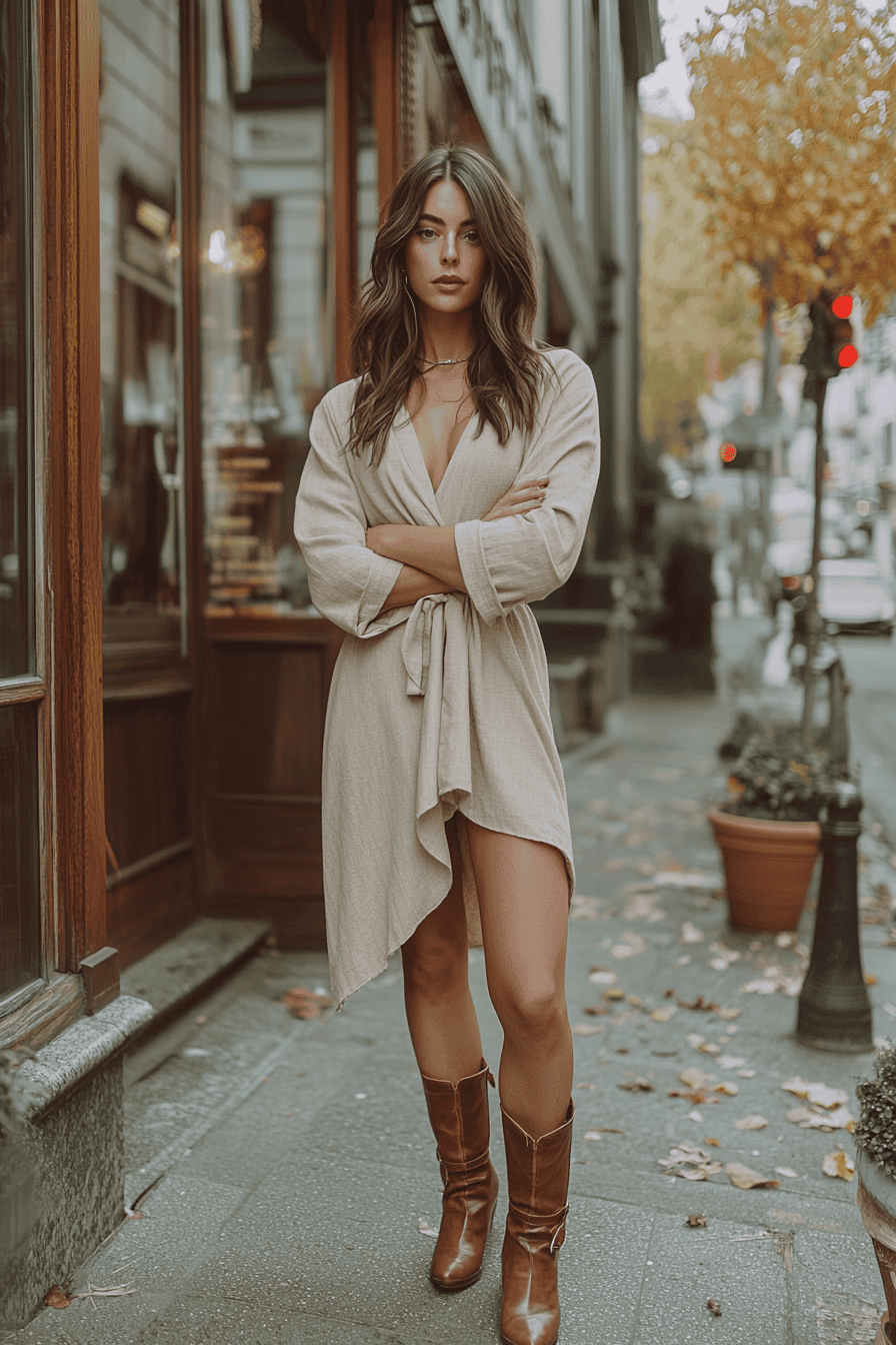 Stylish woman in beige wrap dress on city street during autumn, urban fashion, fall outfit inspiration.