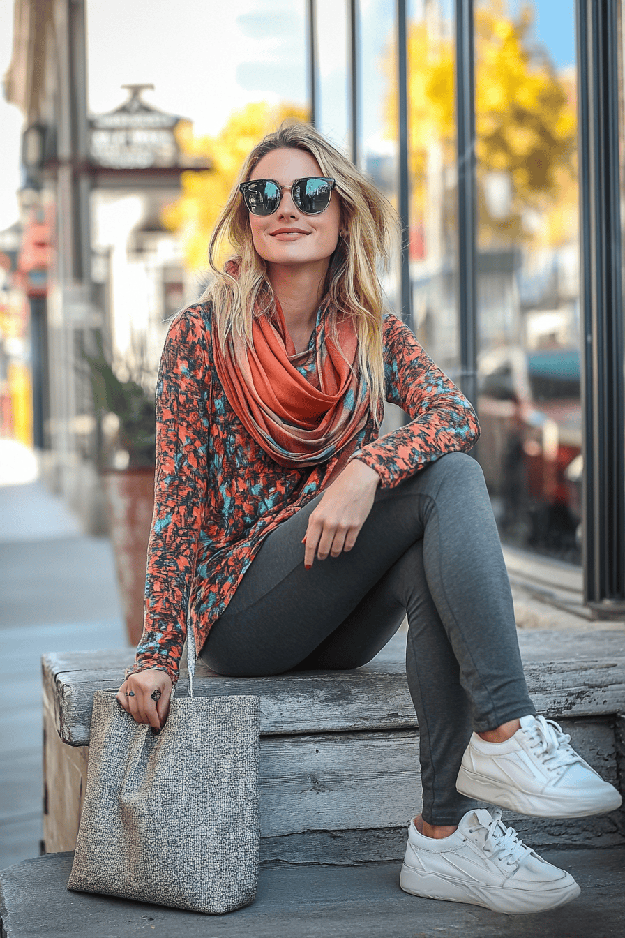 Trendy woman in autumn outfit with scarf and sunglasses in urban city setting.