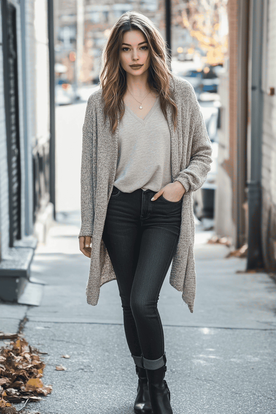 Stylish young woman in cozy autumn outfit walking confidently on a sunlit urban city street.